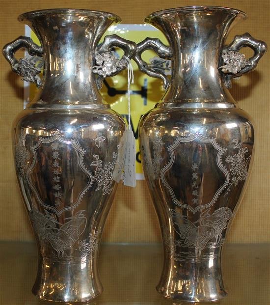 Pair Japanese silver vases